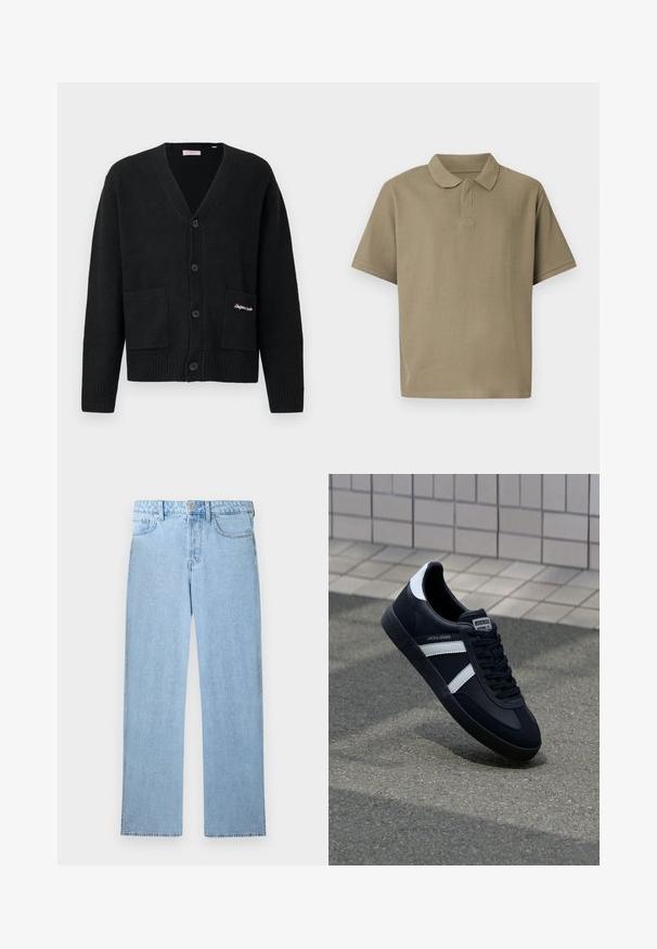 Cardigan noir en tricot avec un col en V, fermeture à boutons, poignets et ourlet côtelés, deux poches avant et détail brodé sur la poche.; Polo côtelé vert olive à manches courtes avec col classique et sans boutons visibles, présenté sur un fond uni.; Jean denim bleu clair taille haute avec jambe droite, fermeture à bouton et zip à l'avant, et design à cinq poches sur fond blanc.; Sneaker en cuir noir avec des rayures blanches, semelle en caoutchouc texturée et devant à lacets. Présente une étiquette de marque sur la languette.