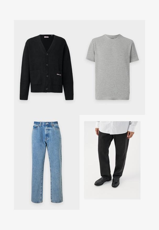 Cardigan noir en tricot avec un col en V, fermeture à boutons, poignets et ourlet côtelés, deux poches avant et détail brodé sur la poche.; T-shirt gris à manches courtes en tissu doux. Design à col rond avec une texture lisse et sans motifs ni accents visibles.; Jeans en denim bleu clair avec une coupe droite, comprenant cinq poches, une fermeture éclair et des accents en métal cuivré. Détails usés tout au long.; Pantalons en denim noir associés à des mocassins noirs brillants. La chemise est blanche avec de fines rayures verticales, avec des manches longues et un col boutonné.