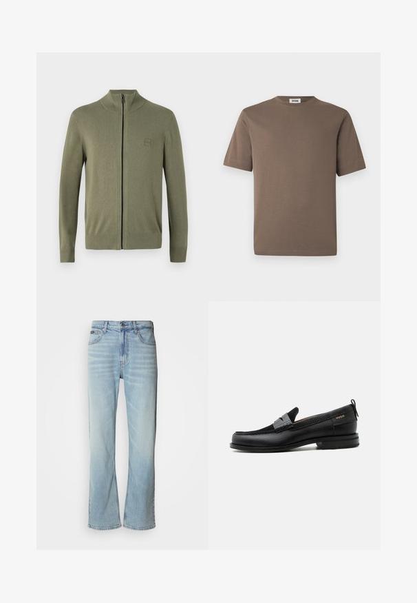 Suéter de cremallera en verde oliva, hecho de un suave material de punto, que presenta un alto cuello y puños y dobladillo acanalados. Incluye un logo discreto.; Camiseta de algodón marrón con mangas cortas, cuello redondo y textura suave. Presenta un dobladillo recto y un diseño minimalista.; Jeans de mezclilla azul claro con corte recto, que cuentan con cinco bolsillos, un cierre de botón y un ligero desvanecimiento en la tela.; Mocasín de cuero negro con detalle de tira gris, tacón bajo y suela texturizada, con la marca "HUGO" en oro en el lateral.