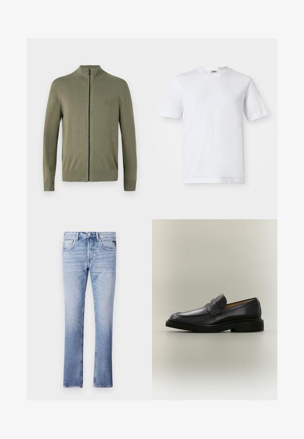 Suéter de cremallera en verde oliva, hecho de un suave material de punto, que presenta un alto cuello y puños y dobladillo acanalados. Incluye un logo discreto.; Camiseta de algodón blanca con mangas cortas, escote redondo y una textura suave. No se observan patrones ni detalles.; Jeans de mezclilla azul claro con un diseño de pierna recta, cinco bolsillos y detalles de costura visibles. Textura suave y ajuste clásico.; Mocasín de hombre de cuero negro con tacón bajo y detalle de correa en la parte superior, mostrado de perfil sobre un fondo neutro.