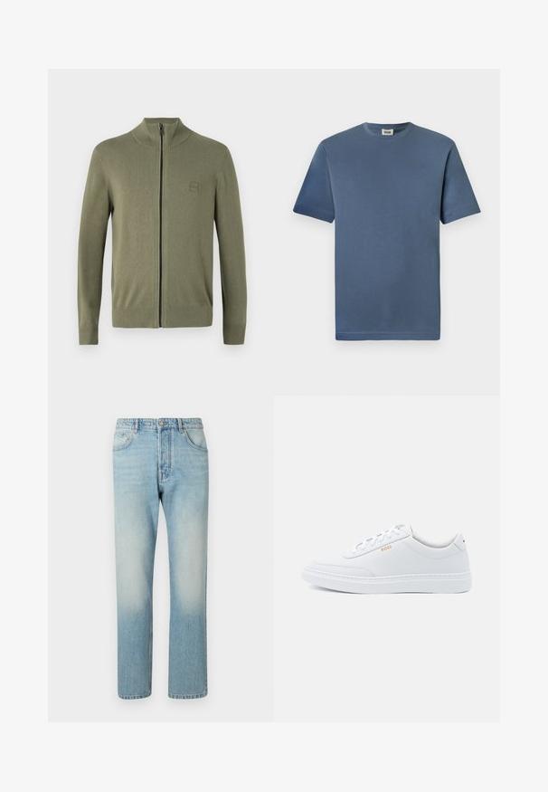 Sweatshirt zippé vert olive, en matériau tricoté doux, avec un col haut et des poignets et un ourlet côtelés. Comprend une étiquette logo discrète.; T-shirt en coton bleu avec un col rond et des manches courtes. Présente une texture lisse et un ourlet droit. Pas de motifs ou graphiques visibles.; Jeans bleu clair fabriqués en denim, présentant un design à jambe droite, une structure à cinq poches et un effet délavé au niveau des cuisses.; Baskets blanches en cuir avec une texture lisse, bout rond et coutures tonales. Possède des lacets bleus et un logo doré sur le côté.