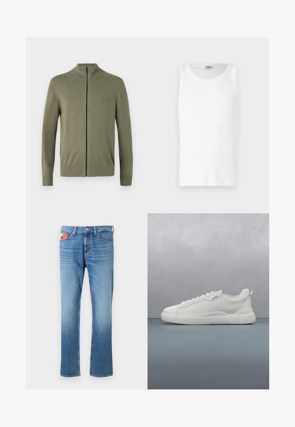 Olijfgroen zip-up sweater, gemaakt van zacht breimateriaal, met een hoge kraag en geribde manchetten en zoom. Inclusief een discreet logo patch.; Witte katoenen mouwloze tanktop met een ronde halslijn en een gladde textuur. Eenvoudig ontwerp, geen patronen of accenten.; Vervaagde blauwe denim jeans met een rechte pasvorm, voorzien van een knoopsluiting, vijf zakken en een label op de voorzak.; Witte sneaker met een gladde leren afwerking, ronde neus, vier veterogen, subtiele perforaties en een rood logo detail aan de zijkant.