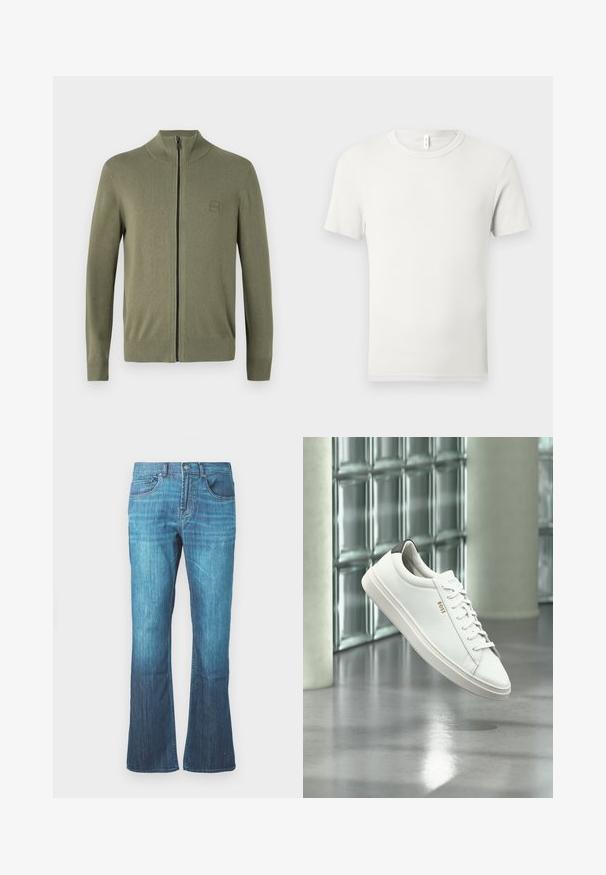 Suéter de cremallera en verde oliva, hecho de un suave material de punto, que presenta un alto cuello y puños y dobladillo acanalados. Incluye un logo discreto.; Camiseta blanca lisa de manga corta y cuello redondo, extendida sobre una superficie gris claro, con una pequeña etiqueta de tela en el cuello.; Jeans de denim en lavado azul medio con un ligero acampanado en la parte inferior, diseño clásico de cinco bolsillos y cierre frontal con botón y cremallera.; Zapatilla deportiva de piel blanca de corte bajo con cordones, lengüeta negra en el talón y logo "BOSS", flotando en interiores cerca de una pared de bloques de vidrio y suelo pulido.