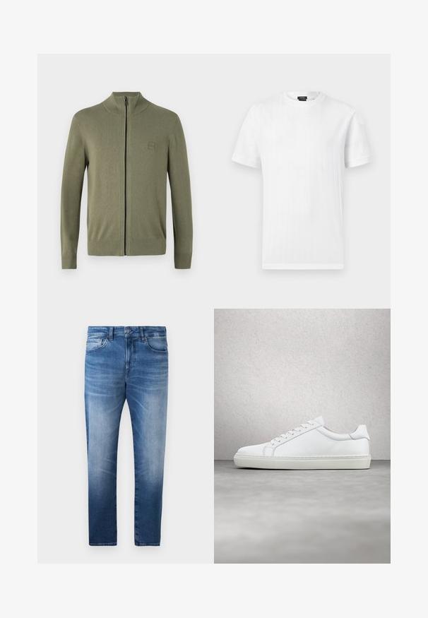 Olivengrøn zip-up sweater, lavet af blødt strikmateriale, med høj krave og ribafslutninger ved ærmer og kant. Inkluderer et diskret logo patch.; Hvid T-shirt med korte ærmer og rund hals med subtil vertikal ribbet struktur, vist mod en ensfarvet lys grå baggrund.; Lyseblå denim jeans med en falmet finish, fem-lomme design, lynlås, og bæltestropper. Har en lige ben skæring og glat tekstur.; Hvide sneakers med en glat læderoverdel og lav profil. Har en rund tå, seks snørehuller og en tekstureret gummisål.