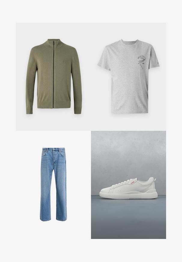 Sweatshirt zippé vert olive, en matériau tricoté doux, avec un col haut et des poignets et un ourlet côtelés. Comprend une étiquette logo discrète.; T-shirt en coton gris avec un col rond, des manches courtes et des textes et graphiques imprimés sur le devant. Présente un tissu texturé.; Jeans en denim bleu clair avec une coupe droite, cinq poches, fermeture à bouton, peu d'usure et des détails de couture contrastés.; Sneaker blanche avec une finition en cuir lisse, bout rond, quatre œillets, perforations subtiles et un détail de logo rouge sur le côté.