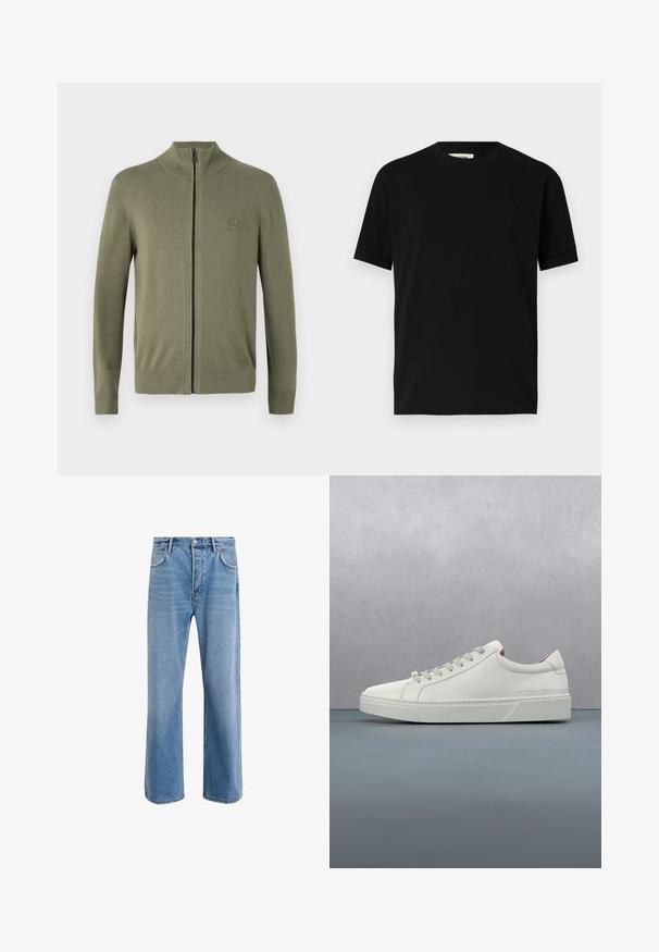 Olivengrøn zip-up sweater, lavet af blødt strikmateriale, med høj krave og ribafslutninger ved ærmer og kant. Inkluderer et diskret logo patch.; Sort kortærmet t-shirt lavet af bomuld med rund halsudskæring og løs pasform. Glat tekstur, ingen mønstre eller synlige logoer.; Lyseblå denim jeans med lige ben-design, fem lommer, knaplukning, minimal falming og kontraststingdetaljer.; Hvid lædersneaker med rund tå, minimalistisk design, grå snørebånd og en tekstureret grå gummisål. Subtile syningsdetaljer er synlige.