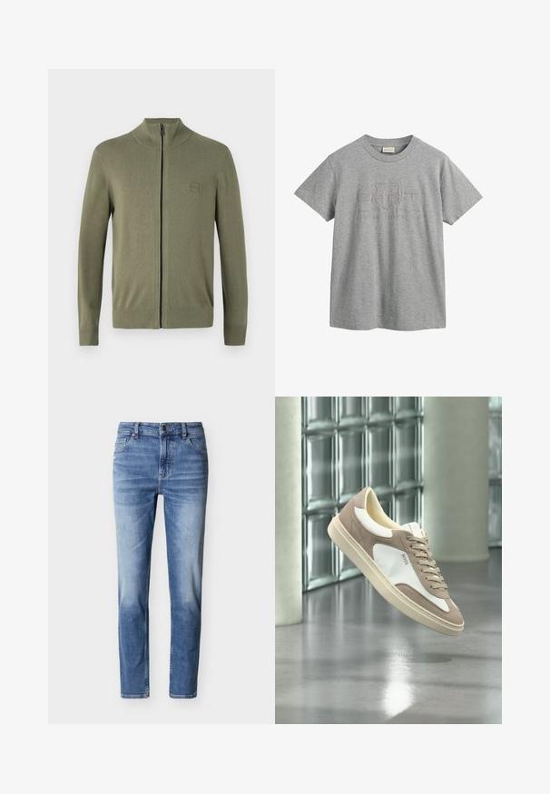 Olivengrøn zip-up sweater, lavet af blødt strikmateriale, med høj krave og ribafslutninger ved ærmer og kant. Inkluderer et diskret logo patch.; Grå bomulds T-shirt med korte ærmer, rund halsudskæring, med et hævet logo design, der inkluderer "GANT" og "American Sportswear."; Lyseblå denimjeans med lige ben, falmet detaljering, fem lommer, metalknaplukning og bæltestropper.; Beige og hvid ruskindssneaker med snørebånd og "BOSS"-logo, der svæver over en poleret beton gulv med glasblokvægge i baggrunden.