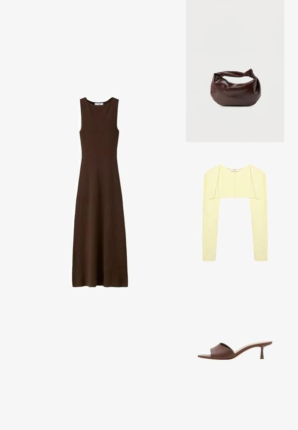 Boléro court jaune pâle à manches longues et encolure ronde, confectionné en tissu doux.; Robe sans manches, marron foncé, longueur cheville, avec un col rond et un corsage ajusté, s'évasant légèrement en une jupe fluide.; Mule en cuir marron à bout ouvert, avec un talon kitten bas et fin et une semelle intérieure rembourrée, présentée sur fond blanc.; Sac bandoulière en cuir marron foncé avec une forme souple et décontractée et une anse nouée torsadée sur un fond blanc uni.