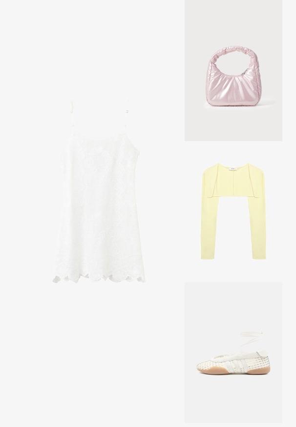 Boléro court jaune pâle à manches longues et encolure ronde, confectionné en tissu doux.; Robe blanche sans manches en dentelle avec bretelles fines réglables et ourlet festonné.; Chaussure blanche tissée avec une tige texturée, dotée d'un bout arrondi, d'accents en cuir blanc et d'une semelle en caoutchouc flexible. Lacets fins attachés.; Sac à main rose rembourré avec un design arrondi, fabriqué à partir d'un matériau brillant. Dispose d'une poignée froncée et d'une fermeture éclair pour un accès sécurisé.
