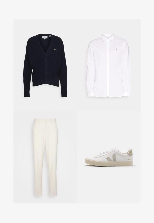 Navy vest gemaakt van zachte stof, met een v-hals, lange mouwen, zes knoopsluitingen en een klein groen logo op de borst.; Witte lange mouwen shirt van katoen, met een button-down kraag, een groen geborduurd logo op de linkerkant van de borst en rechte mouwen.; Crème-kleurige op maat gemaakte broeken met een rechte snit, gemaakt van textuurstof. Voorzien van riemlussen en een ritssluiting aan de voorkant.; Witte leren sneaker met beige accenten, platte rubberen zool, ronde neus en contrasterend logo aan de zijkant en achterkant. Vetersluiting.