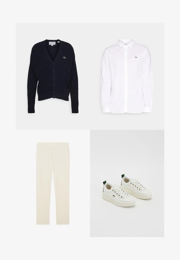 Navy vest gemaakt van zachte stof, met een v-hals, lange mouwen, zes knoopsluitingen en een klein groen logo op de borst.; Witte lange mouwen shirt van katoen, met een button-down kraag, een groen geborduurd logo op de linkerkant van de borst en rechte mouwen.; Krijtkleurige rechte broek met riemlussen en voorzakken.; Witte leren sneakers met groene accenten, vetersluiting, gouden ogen en gemêleerde panelen. Dikke crèmekleurige rubberen zool.