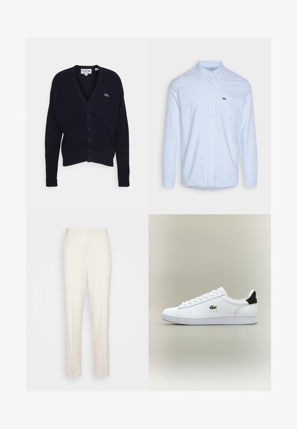 Navy vest gemaakt van zachte stof, met een v-hals, lange mouwen, zes knoopsluitingen en een klein groen logo op de borst.; Lichtblauw langslavend overhemd met knopen, gemaakt van katoen. Heeft een puntige kraag, een zak op de linkerborst en een klein logo.; Crème-kleurige op maat gemaakte broeken met een rechte snit, gemaakt van textuurstof. Voorzien van riemlussen en een ritssluiting aan de voorkant.; Witte leren sneaker met een gladde afwerking, voorzien van een groene geborduurde krokodillenlogo, vlakke witte zool en zwart accent op de hiel.