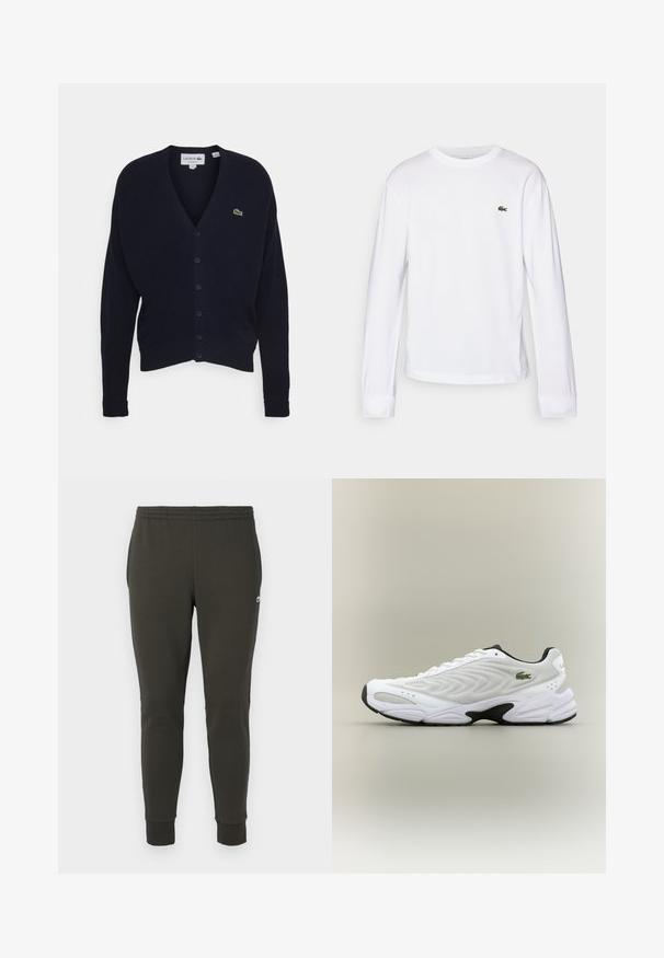 Cardigan bleu marine en tissu doux, avec un col en V, des manches longues, six boutons sur le devant, et un petit logo vert sur la poitrine.; T-shirt blanc à manches longues en coton. Doté d'un col rond côtelé et d'un petit logo vert brodé sur la poitrine. Design simple.; Jogging en vert foncé en tissu doux, avec une taille élastique, des poignets côtelés et un petit logo sur le côté.; Baskets de sport blanches avec un dessus en mesh texturé, un design courbé et une semelle noire contrastante. Présente un logo brodé vert sur le côté.
