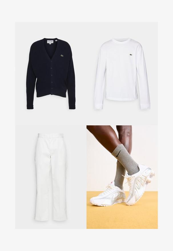 Navy vest gemaakt van zachte stof, met een v-hals, lange mouwen, zes knoopsluitingen en een klein groen logo op de borst.; Witte lange mouwen T-shirt van katoen. Beschikt over een geribbelde ronde hals en een klein groen geborduurd logo op de borst. Eenvoudig ontwerp.; Witte katoenen broek met een recht model, riemlussen en zijzakken, met een gladde textuur en minimale detaillering.; Nike sneakers in het wit met zilveren accenten, met textuurpanelen en perforaties. Gecombineerd met grijze geribde sokken, tegen een gele achtergrond.