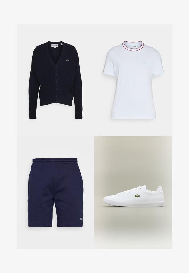 Navy vest gemaakt van zachte stof, met een v-hals, lange mouwen, zes knoopsluitingen en een klein groen logo op de borst.; Witte katoenen T-shirt met korte mouwen, met een ronde halslijn accentueert door een rode rand en een geborduurd logo in lichtblauw op de borst.; Navyblauwe katoenen shorts met een elastische tailleband, voorzien van een klein groen logo op het linksonder been en een gladde textuur.; Witte leren sneakers met een gestructureerde rubberen zool, voorzien van een groene geborduurde krokodillogo aan de zijkant en minimale branding.