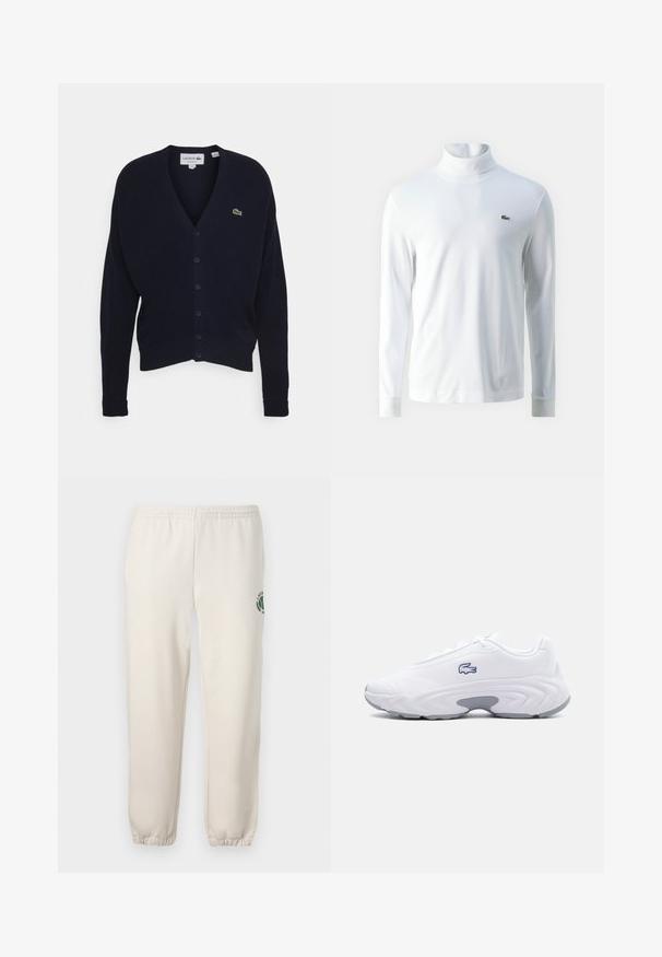 Navy vest gemaakt van zachte stof, met een v-hals, lange mouwen, zes knoopsluitingen en een klein groen logo op de borst.; Witte lange mouw turtleneck shirt van zachte stof, met een klein groen geborduurd logo op de borst en aansluitende manchetten.; Lichtbeige sweatpants van katoen, met een elastische tailleband, geribde boorden en een groen logo met een bladerenontwerp op het linkerpand.; Witte sportschoen met een grijze zool, een bovenwerk van mesh, vetersluiting en een blauw geborduurd krokodillenlogo aan de zijkant.