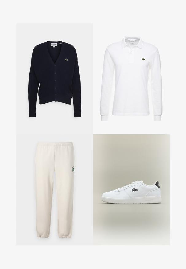 Navy vest gemaakt van zachte stof, met een v-hals, lange mouwen, zes knoopsluitingen en een klein groen logo op de borst.; Witte poloshirt met lange mouwen van katoen, met een klassieke kraag en een klein groen Lacoste-logo op de borst. Glad textuur.; Lichtbeige sweatpants van katoen, met een elastische tailleband, geribde boorden en een groen logo met een bladerenontwerp op het linkerpand.; Witte veterschoenen van leer met een gladde afwerking, zwarte hielaccent en logo aan de zijkant. Heeft een platte zool en een ronde neus.