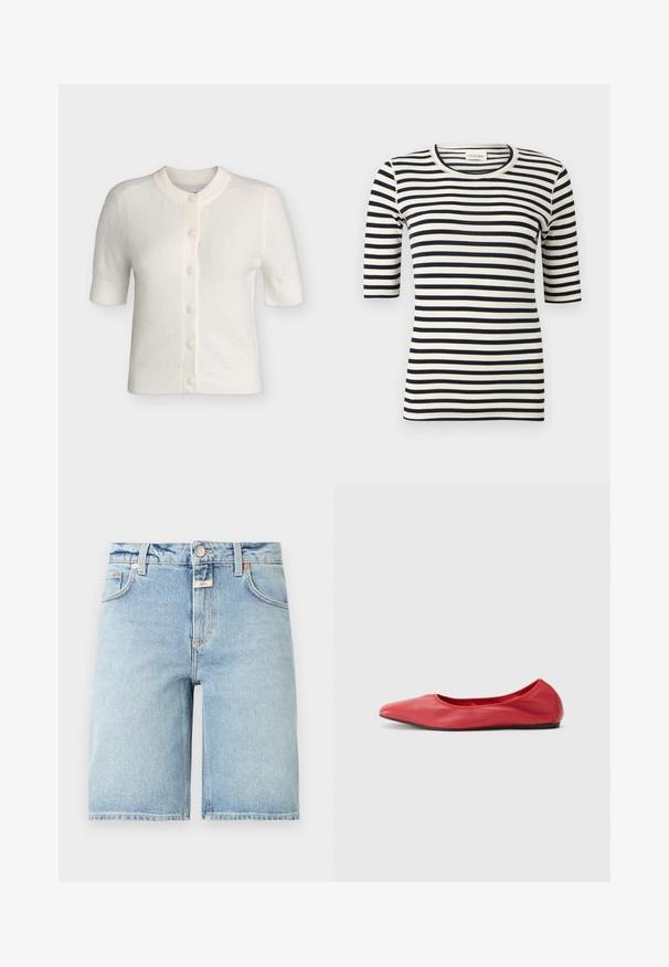 Cardigan blanc à manches courtes boutonné avec col, poignets et ourlet côtelés, fabriqué dans un tissu doux et texturé.; Chemise ajustée à rayures horizontales noires et blanches avec manches jusqu'au coude et col rond.; Short en jean bleu clair longueur genou avec bouton à l'avant, fermeture éclair, passants pour ceinture et design à cinq poches.; Filippa K REY FLATS - Ballerines - bright red