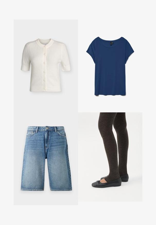 Cardigan blanc à manches courtes boutonné avec col, poignets et ourlet côtelés, fabriqué dans un tissu doux et texturé.; Blouse bleu marine à manches courtes avec un large col rond et une coupe décontractée sur fond blanc.; Shorts en denim bleu jusqu'au genou avec bouton frontal et fermeture éclair, passants pour ceinture, et poches latérales, présentés sur fond blanc.; Jambes portant des leggings côtelés foncés associés à des ballerines noires avec de petits détails en nœud sur fond blanc.