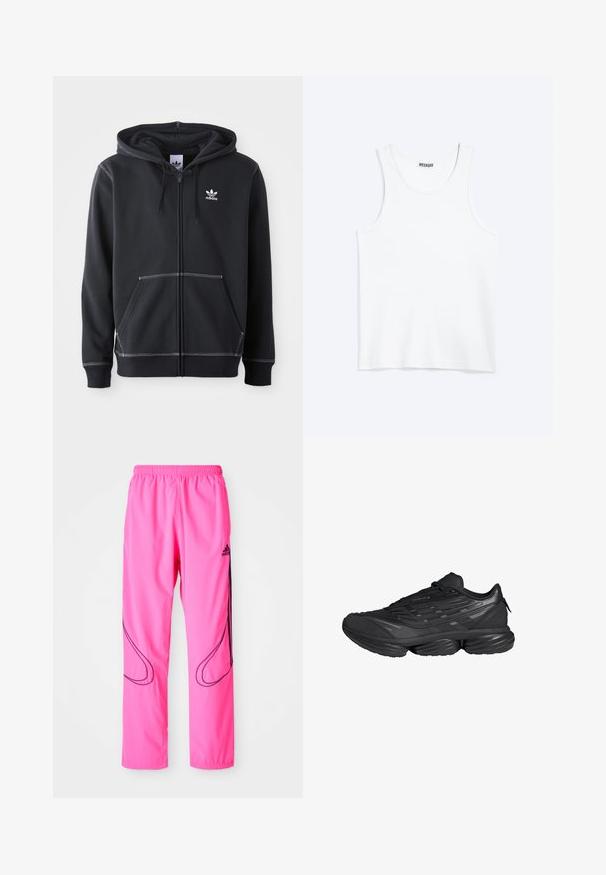 Sudadera con cremallera negra hecha de un tejido suave, con un bolsillo canguro en la parte frontal, detalles de costura blanca y un pequeño logo blanco en el pecho.; Camiseta sin mangas blanca con cuello redondo y etiqueta de la marca Weekday en el interior del cuello trasero, mostrada plana sobre un fondo claro.; Pantalones deportivos rosas con cinturilla elástica, bolsillos laterales y patrones curvados en negro en contraste con el logotipo de Adidas.; Zapatilla deportiva negra con suela gruesa segmentada, parte superior texturizada y cierre de cordones, mostrada de lado sobre un fondo blanco.
