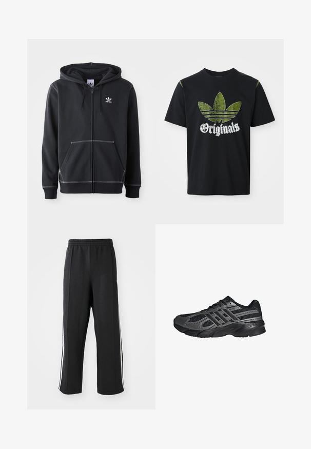 Sudadera con cremallera negra hecha de un tejido suave, con un bolsillo canguro en la parte frontal, detalles de costura blanca y un pequeño logo blanco en el pecho.; Camiseta de algodón negra con un gráfico verde desgastado que presenta tres rayas y la palabra "Originales" debajo en blanco, cuello redondo, mangas cortas.; Pantalones de chándal negros con cintura elástica, con franjas laterales blancas y un corte relajado. Hechos de una tela suave y elástica.; Zapatillas deportivas negras hechas de malla y materiales sintéticos, que presentan una superficie texturizada, múltiples rayas grises y un collar acolchado.