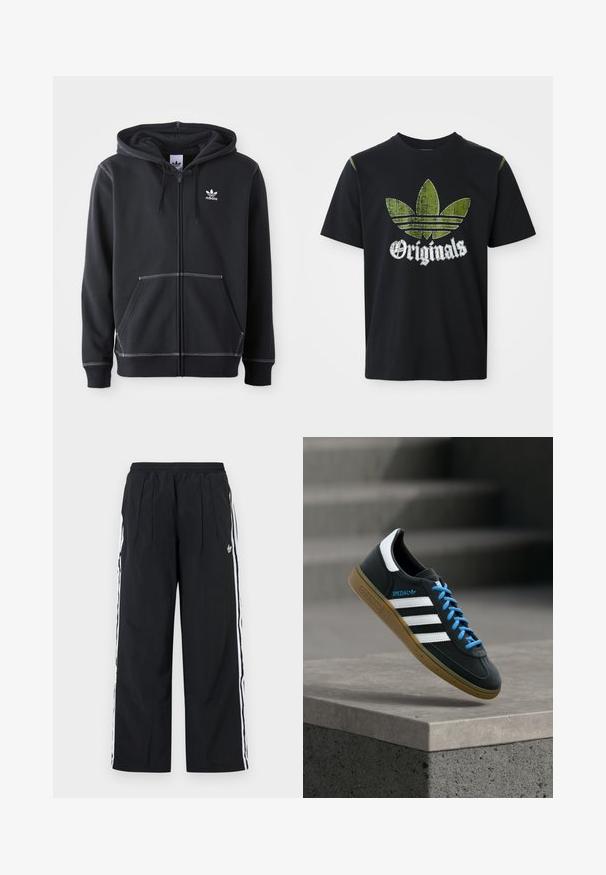 Čierna mikina na zips vyrobená z mäkkého materiálu, ktorá má predné vrecko typu kangaroo, biele švy a malé biele logo na hrudi.; Čierne bavlnené tričko s roztrhnutým zeleným grafickým dizajnom so tromi pruhmi a slovom "Originals" pod ním v bielej farbe, okrúhly výstrih, krátke rukávy.; Čierne široké nohavice s bielymi pruhmi na bokoch, elastickým pásom, prednými záhybmi a logom Adidas na pravej stehne.; Čierna teniska Adidas s bielymi pruhmi, modrými šnúrkami a gumovou podrážkou, ktorá sa vznáša nad sivým betónovým schodom v mäkkom svetle.