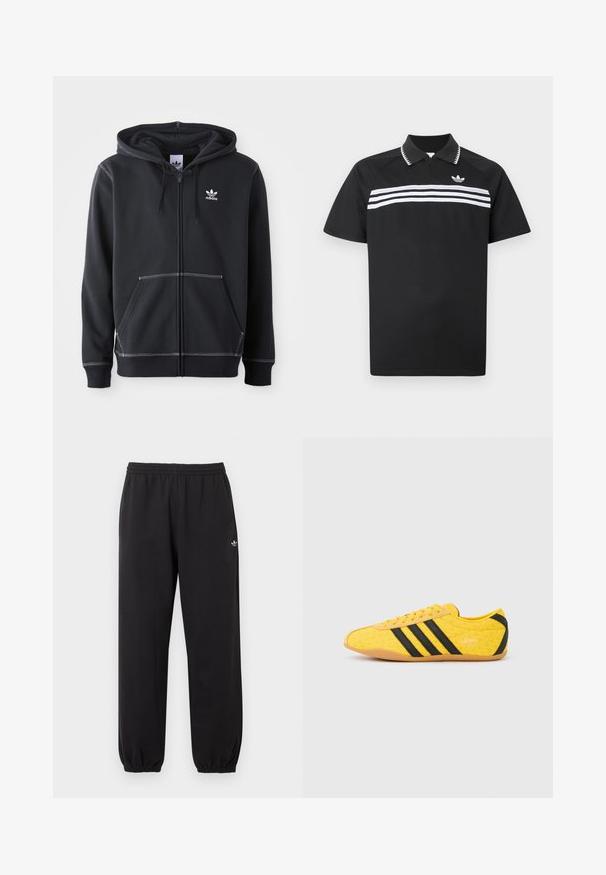 Čierna mikina na zips vyrobená z mäkkého materiálu, ktorá má predné vrecko typu kangaroo, biele švy a malé biele logo na hrudi.; Čierne polokošeľa so zipsovým golierom, s tromi bielymi horizontálnymi pruhmi cez hruď a malým logom na ľavej hornej strane.; Čierne tepláky Adidas s elastickým pásom a manžetami, na ľavej hornej časti nohy s malým bielym logom Adidas trefoil.; Žltá športová obuv s textúrovaným zvrškom, s čiernymi pruhmi a logom. Zaoblená špička, mäkká podrážka a vzor v tvare cik-cak na materiáli.