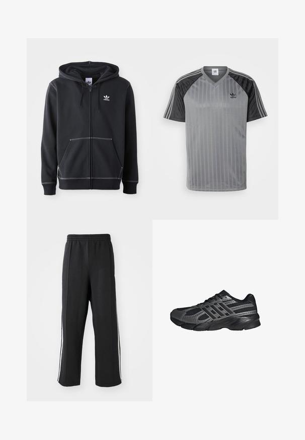 Čierna mikina na zips vyrobená z mäkkého materiálu, ktorá má predné vrecko typu kangaroo, biele švy a malé biele logo na hrudi.; adidas Originals Tričko s potlačou - black/grey; Čierne teplákové nohavice s elastickým pásom, s bielymi bočnými pruhmi a voľným strihom. Vyrobené z mäkkej, elastickej tkaniny.; Čierne športové topánky vyrobené z pletiva a syntetických materiálov, s textúrovaným povrchom, viacerými šedými pruhmi a polstrovaným golierom.