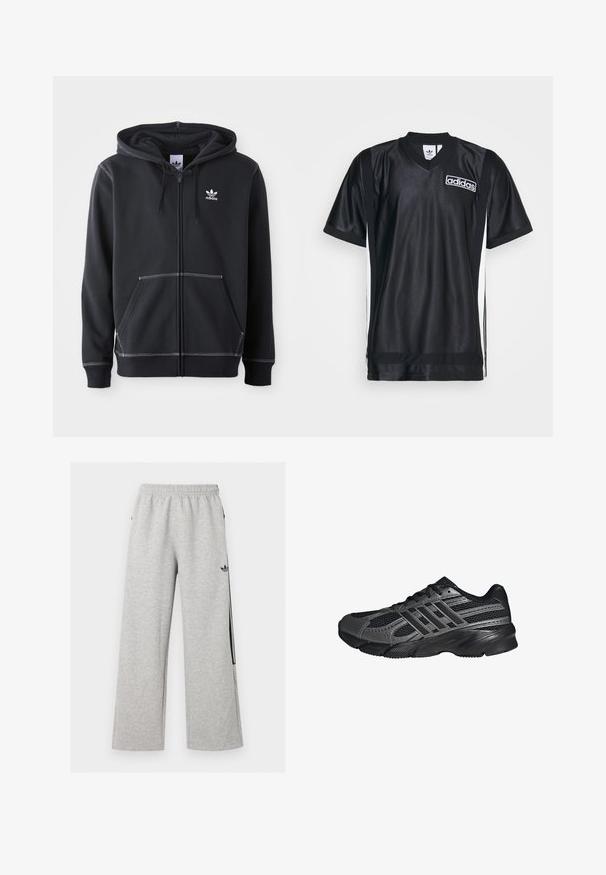 Čierna mikina na zips vyrobená z mäkkého materiálu, ktorá má predné vrecko typu kangaroo, biele švy a malé biele logo na hrudi.; Čierny športový dres vyrobený z lesklého, hladkého materiálu s výstrihom do V, s bielymi bočnými pruhmi a logom Adidas na hrudi.; Svetlošedé široké tepláky s elastickým pásom a čiernym logom Adidas trefoil na pravom stehne.; Čierne športové topánky vyrobené z pletiva a syntetických materiálov, s textúrovaným povrchom, viacerými šedými pruhmi a polstrovaným golierom.