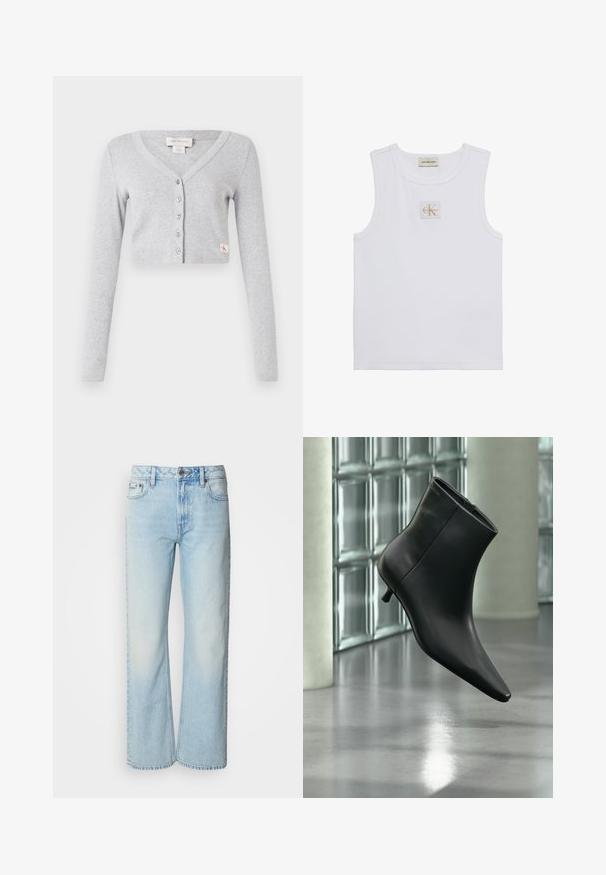Cardigan gris court en tissu doux, avec un col en V, des manches longues, une fermeture à six boutons et une petite étiquette de logo à l'avant.; Débardeur blanc sans manches avec étiquette Calvin Klein Jeans sur la poitrine et une étiquette près de l'encolure sur fond blanc uni.; Jeans à jambes larges bleu clair en denim, présentant un design classique à cinq poches et une texture légèrement décolorée. La couture en denim est visible.; Bottine en cuir noir à bout pointu et petit talon kitten, présentée en angle devant un sol poli et un mur en blocs de verre.