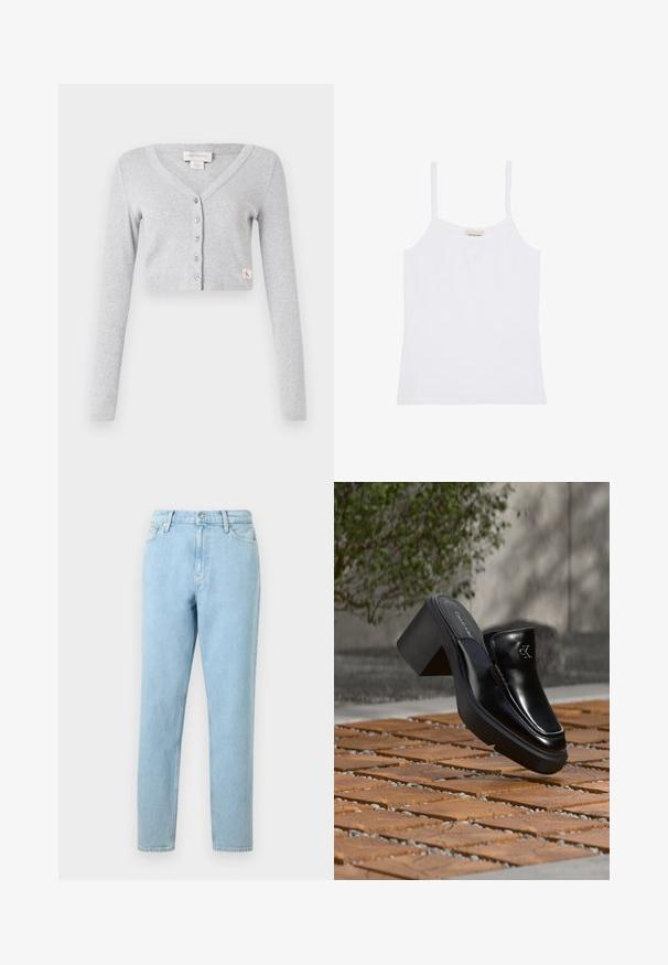 Cárdigan gris recortado hecho de una tela suave, con cuello en V, mangas largas, cierre de seis botones y una pequeña etiqueta con el logo en la parte delantera.; Camiseta de tirantes blanca para mujer de Calvin Klein con tirantes finos y diseño sencillo y ajustado.; Pantalones vaqueros de denim azul claro con un corte recto, diseño de cinco bolsillos y cierre de botones. Presentan un ligero desvanecimiento y una textura suave.; Mule tipo slip-on de cuero negro de Calvin Klein con tacón de bloque descansando sobre baldosas de madera al aire libre cerca de una planta verde y una pared gris.