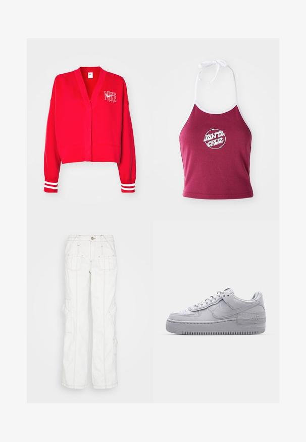 Rode katoenen cardigan met een V-halsontwerp, met een geborduurd wit Nike-logo en gestreepte witte accenten op de mouwen.; Bordeaux halter crop top met witte rand, met een cirkelvormig logo waarop "Santa Cruz" in het wit staat, gemaakt van ribbel katoen.; BDG Urban Outfitters Relaxed fit jeans - white; Grijze Nike Air Force 1 sneaker met geperforeerde neus, glad leren bovenwerk, dikke zool en verhoogde 'AIR' details op de hiel.