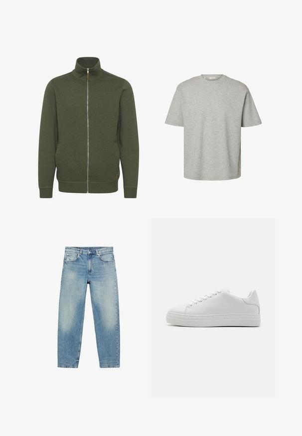 Veste zippée vert olive avec un col haut, fabriquée en tissu doux, dotée de poches latérales et de poignets et d'un ourlet côtelés.; T-shirt gris clair à manches courtes, col rond, coupe ample et tissu en coton doux.; Jean droit en denim bleu avec poches avant et passants de ceinture, présentant des détails légèrement décolorés sur les cuisses et les genoux.; Baskets en cuir blanc avec une semelle plateforme imposante, bout rond et six œillets. Texture lisse avec de subtiles détails de couture.