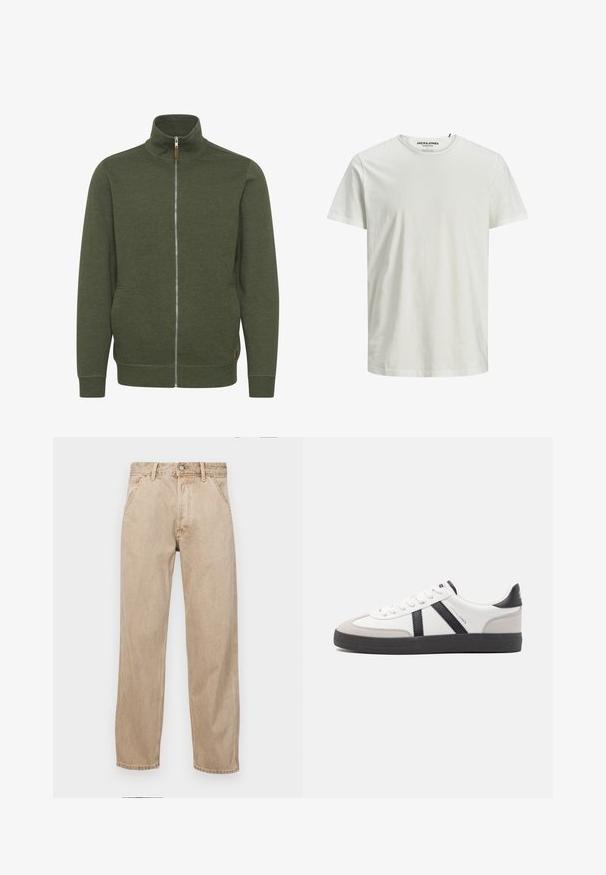 Veste zippée vert olive avec un col haut, fabriquée en tissu doux, dotée de poches latérales et de poignets et d'un ourlet côtelés.; T-shirt blanc à manches courtes en coton biologique. Il présente un col rond et une coupe décontractée, avec une texture simple et lisse.; Jeans en denim beige avec une coupe droite, dotés de poches avant, d'une fermeture à bouton en métal et d'une texture subtile.; Baskets blanches avec des accents noirs et gris, présentant un embout texturé gris, une semelle en caoutchouc noir et des lacets plats blancs. Design épuré, style minimaliste.