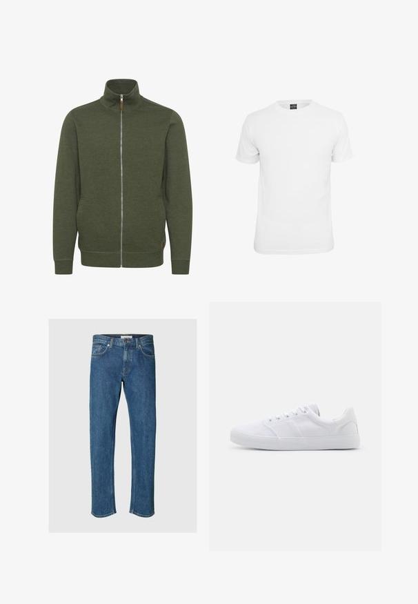 Olivengrøn zip-up jakke med høj krave, lavet af blødt stof, med sidelommer og ribbede kanter og bund.; Hvid kortærmet t-shirt, lavet af bomuld, med en klassisk rund hals og en glat tekstur, designet til afslappet brug.; Selected SLH196-STRAIGHT BEN KORI JEANS NOOS - Jeans Straight Leg - medium blue denim; Hvide lærreds sneakers med gummisål, der har seks snørehuller, en struktureret tåkap og et minimalistisk design.