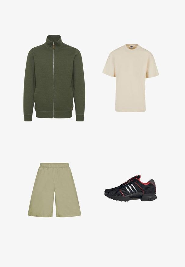 Olivengrøn zip-up jakke med høj krave, lavet af blødt stof, med sidelommer og ribbede kanter og bund.; Beige bomulds T-shirt med rund halsudskæring og korte ærmer, der har en afslappet pasform og minimal sømdetaljering. Casual og alsidig design.; Lyse khaki knælange shorts med elastisk talje, sidelommer og løs pasform.; Sort atletiksko med rød foring, åndbar mesh-overdel, tre reflekterende sølvstriber på siden og tekstureret sål for greb.