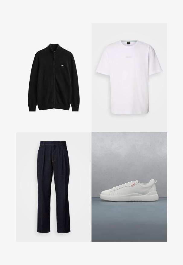 Zwarte vest met volledige ritssluiting, geribde kraag, manchetten en zoom, met een klein geborduurd logo op de linkerborst.; Witte katoenen T-shirt met korte mouwen, ronde halslijn en reliëf 'BOSS' logo op de borst. Veilig textuur, standaard pasvorm.; Donkerblauwe denim jeans met wijde pijpen, inclusief voorplooien en oranje stiksels, weergegeven op een witte achtergrond.; Witte sneaker met een gladde leren afwerking, ronde neus, vier veterogen, subtiele perforaties en een rood logo detail aan de zijkant.