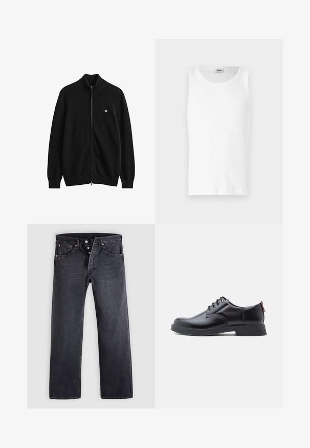 Sort cardigan med fuld lynlås, ribkant ved hals, ærmer og bund, med et lille broderet logo på venstre bryst.; Hvid bomulds tanktop uden ærmer med rund halsudskæring og en glat tekstur. Enkel design, ingen mønstre eller accenter.; Sorte denimjeans med lige snit, fem-lommer design og kobberknapdetaljer. Glat tekstur med let falmet finish.; Sorte snørestøvler i læder med glat tekstur, rundet tå og diskrete syningsdetaljer. Har en rød trækflig på hælen.