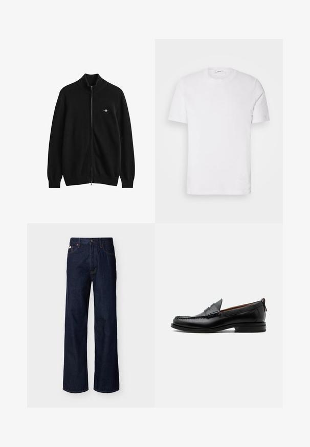 Sort cardigan med fuld lynlås, ribkant ved hals, ærmer og bund, med et lille broderet logo på venstre bryst.; Hvid bomulds T-shirt med rund halsudskæring og korte ærmer. Har et diskret brandlogo på fronten, glat tekstur og klassisk pasform.; Mørkeblå, straight-leg denimjeans med fem-lommes design og knaplukning, vist på en ensfarvet lys baggrund.; Sort læder herre loafer med moc-tå syning, penny strop, struktureret krave og lav stablet hæl på hvid baggrund.