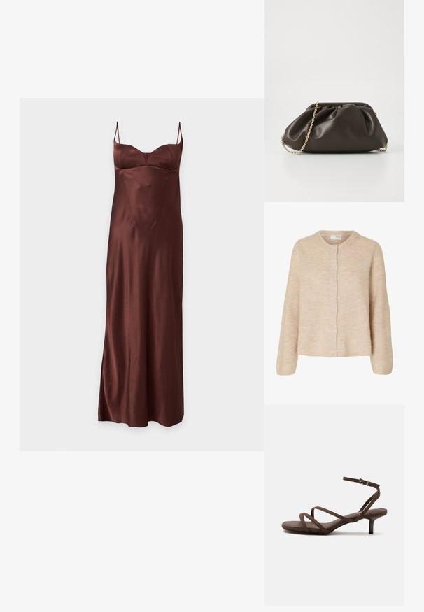 Cárdigan de punto beige claro con mangas largas, cuello redondo y seis botones en la parte delantera, hecho de tela suave y texturizada.; Vestido largo de satén marrón con tirantes finos tipo espagueti y detalle ajustado en el busto sobre un fondo blanco liso.; Sandalia marrón de tacón alto con tiras finas cruzadas y una correa en el tobillo con una hebilla plateada sobre un fondo blanco.; Bolso de mano de cuero marrón con un diseño fruncido, correa de cadena dorada y un acabado suave y texturizado. Forma compacta adecuada para uso nocturno.