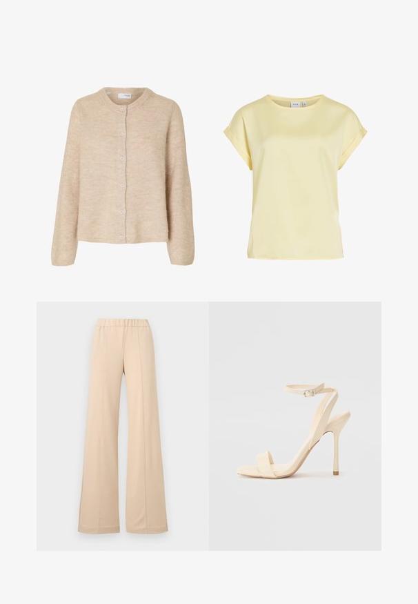 Lysebeige langærmet strikket cardigan med rund halsudskæring og seks knapper foran, lavet af blødt tekstureret stof.; Lysegul kortærmet bluse med opsmøgede manchetter og rund halsudskæring, lavet af glat stof, med VILA-mærke indeni kraven.; Beige viddebukser med elastik i taljen og forreste sømdetaljer, vist på en hvid baggrund.; Beige højhælede sandaler med en slank ankelrem og firkantet tå. Glat syntetisk materiale, minimalistisk design og stiletto-hæl.