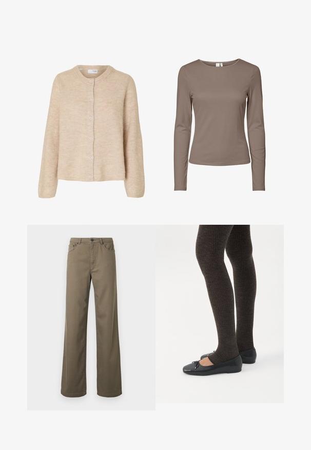 Lysebeige langærmet strikket cardigan med rund halsudskæring og seks knapper foran, lavet af blødt tekstureret stof.; Langærmet tætsiddende T-shirt med crew neck i ensfarvet taupe farve med et enkelt design og ribbet tekstur.; Bukser med brede ben i olivengrøn bomuld, der har lukning med knap, bæltestropper og fem-lomme-design med en glat, holdbar tekstur.; Ben iført mørke ribbede leggings kombineret med sorte balletsko med små sløjfedetaljer på hvid baggrund.