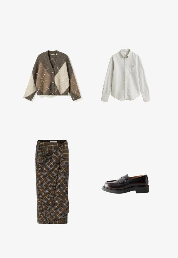 Cardigan boutonné à manches longues et col en V, à motif argyle marron, beige et crème.; Chemise gris clair à manches longues, boutonnée, avec fines rayures verticales et une poche poitrine agrémentée d’une petite broderie de logo.; Jupe midi à carreaux marron avec des lignes blanches et noires, détail drapé à l'avant, taille boutonnée et étiquette de marque à l'intérieur de la ceinture.; Mocassin en cuir marron foncé avec bride penny, détail de couture et semelle épaisse en caoutchouc noir, montré de côté sur fond blanc.