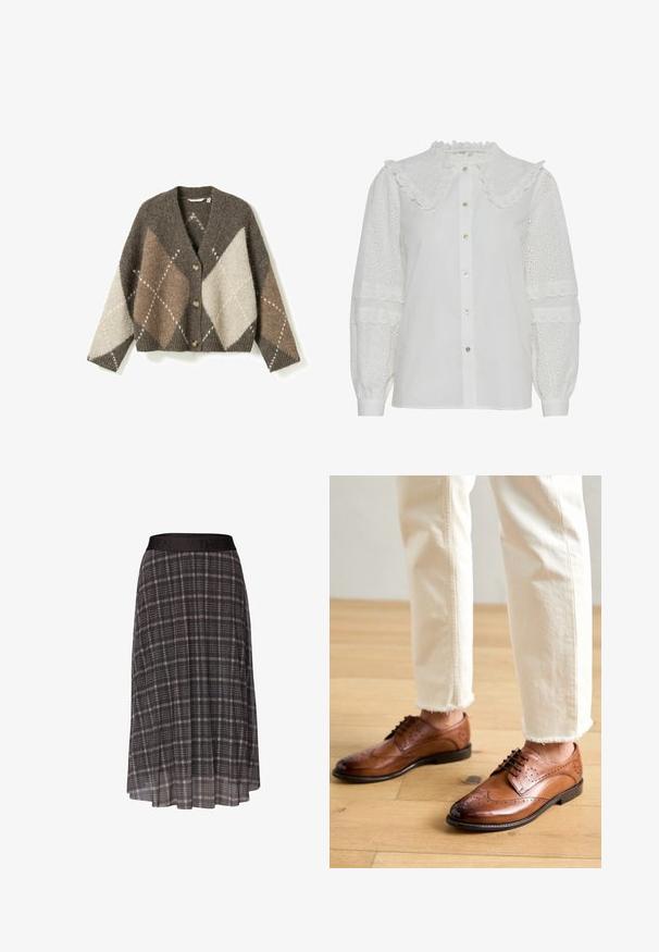 Cardigan boutonné à manches longues et col en V, à motif argyle marron, beige et crème.; Blouse blanche avec un col volanté, fermeture à boutons et détails en broderie sur les manches bouffantes. Présente un éclat subtil et une texture douce.; Jupe midi à carreaux noirs et gris avec des plis et une ceinture élastique noire portant l'inscription "ENJOY THE S" sur fond blanc.; Chaussures brogues en cuir marron avec des détails perforés, bout arrondi et finition lisse, associées à un pantalon crème à ourlet effiloché.
