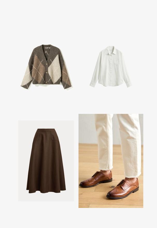 Cardigan boutonné à manches longues et col en V, à motif argyle marron, beige et crème.; Chemise blanche boutonnée avec de fines rayures verticales, manches longues, une poche poitrine et un col pointu, posée à plat sur un fond blanc.; Jupe trapèze en lin marron à taille haute, avec deux poches frontales et une texture lisse, tombant sous le genou.; Chaussures brogues en cuir marron avec des détails perforés, bout arrondi et finition lisse, associées à un pantalon crème à ourlet effiloché.