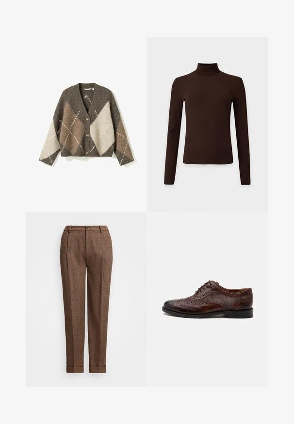 Cardigan boutonné à manches longues et col en V, à motif argyle marron, beige et crème.; Haut à col roulé côtelé marron foncé à manches longues avec silhouette ajustée sur fond clair uni.; Pantalons à carreaux marron avec une coupe ajustée, présentant des plis, une fermeture à bouton et des ourlets retroussés. Tissu texturé avec des accents orange.; Chaussure habillée homme à bout golf en cuir marron avec détails brogue et panneaux latéraux en tissu à carreaux, vue de côté sur fond blanc.