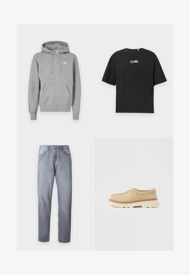 Grå hoodie med lynlås, lavet af blødt stof. Har snøre i hætten, to forlommer og en lille hvid logo på brystet.; Sort t-shirt med korte ærmer og rund hals, med lille hvid "Castrol GTX Racing"-logo midt på brystet.; Lyseblå denimjeans med lige ben, fem lommer og knaplukning. Stoffet har en glat tekstur med en falmet finish.; Beige ruskind slip-on sko med tyk hvid sål og UGG-logo på siden af fanen, vist på en ensfarvet lys grå baggrund.