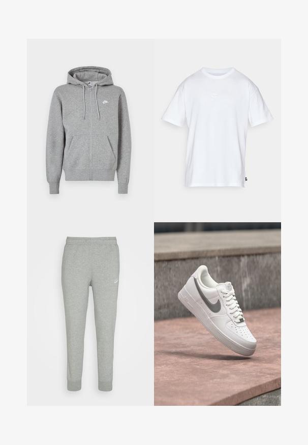 Grå hoodie med lynlås, lavet af blødt stof. Har snøre i hætten, to forlommer og en lille hvid logo på brystet.; Hvid bomulds T-shirt med korte ærmer og rund hals. Har et lille, diskret Nike-logo på brystet og et sidelabel.; Grå sweatpants lavet af blødt stof, med tapered ben design, elastisk talje og lille hvid Nike-logo på venstre lår.; Hvid Nike Air Force 1 sneaker med gråt swoosh-logo svævende over en stensurface og en grå stenvæg i baggrunden.