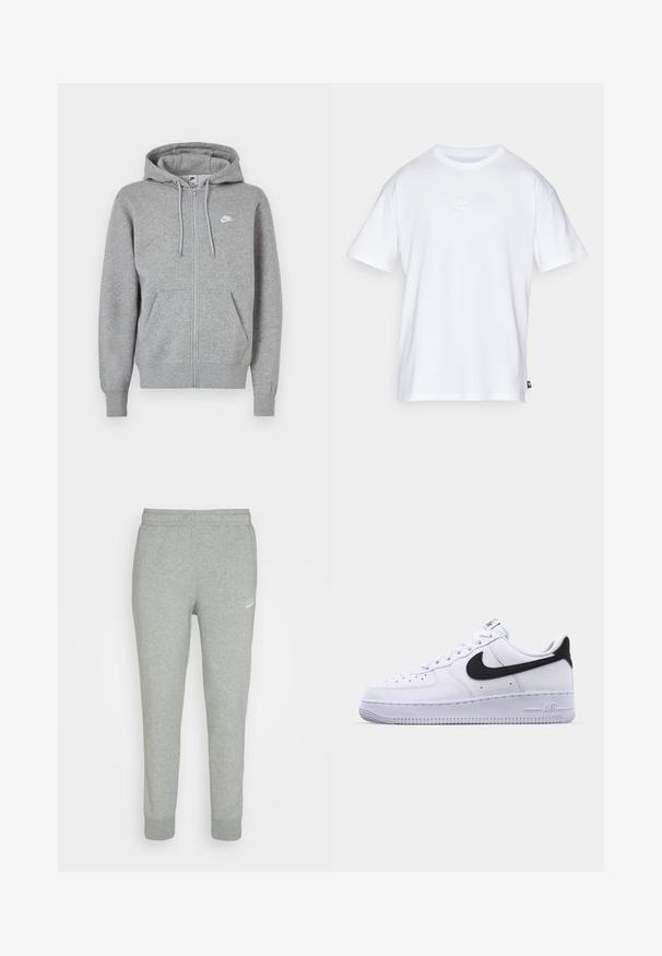 Sweat à capuche gris avec fermeture éclair, en tissu doux. Comprend une capuche avec cordon de serrage, deux poches avant et un petit logo blanc sur la poitrine.; T-shirt en coton blanc à manches courtes et col rond. Présente un petit logo Nike subtil sur la poitrine et une étiquette sur le côté.; Pantalons de survêtement gris en tissu doux, avec une coupe fuselée, une taille élastique et un petit logo Nike blanc sur la cuisse gauche.; Sneaker en cuir blanc avec un Swoosh noir texturé, des lacets plats et une semelle en caoutchouc avec un motif strié. "AIR" est embossé sur le talon.