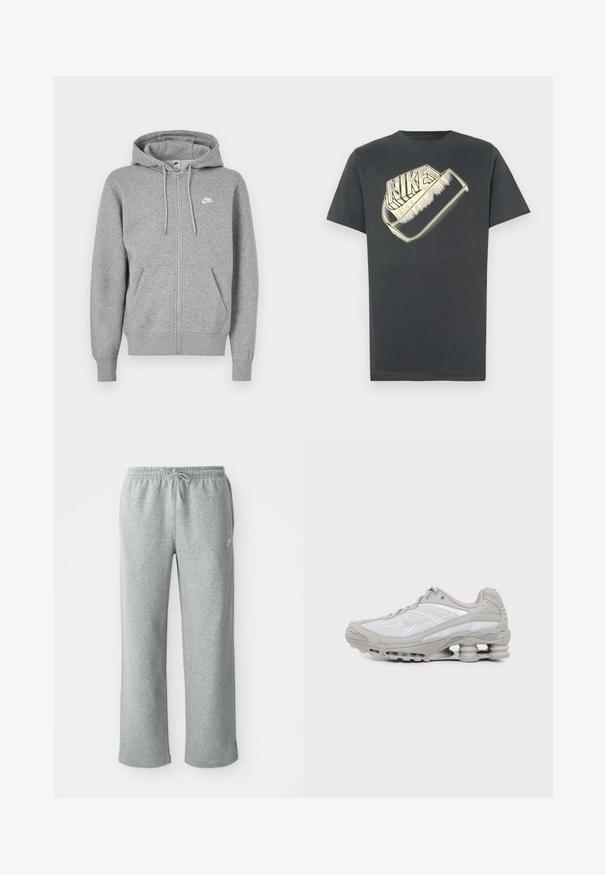 Grijze hoodie met ritssluiting, gemaakt van zachte stof. Voorzien van een capuchon met trekkoord, twee zakken aan de voorkant en een klein wit logo op de borst.; Donkergrijs katoenen T-shirt met een ronde halslijn. Voorzijde heeft een groot, gestileerd "Nike"-logo in een lichtere kleur.; Grijze katoenen sweatpants met een elastische tailleband, trekkoordsluiting en rechte pijpen. Bevat een klein logo op de bovenste linkerkant.; Grijze en witte sportschoen met zichtbare luchtkussenzool en meshpanelen, in profiel weergegeven op een eenvoudige lichte achtergrond.